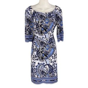 Tahari blue white black paisley print jersey sheath dress EE20